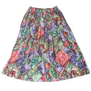 Vtg Pleated Womens Maxi Skirt 24" Waist Purple Green Floral Cottage Geometric